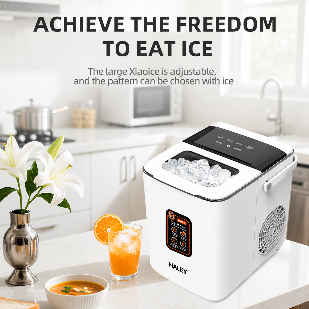 Mașină de gheață HALEY HY-6101, 100 W, 12 kg/24h, rezervor 1,8 L, 2 dimensiuni cuburi, alb