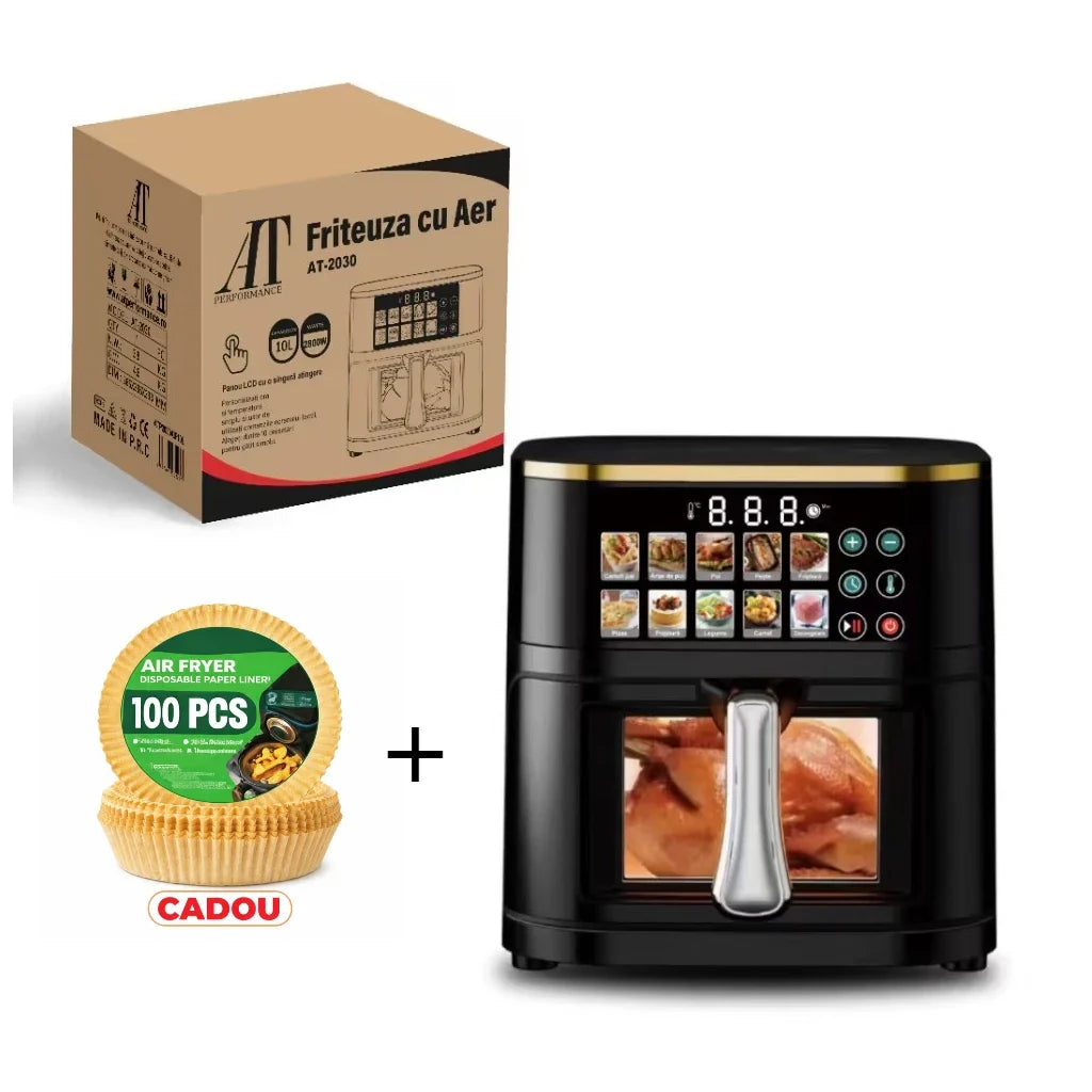 Friteuză cu aer cald AT Performance AT-2030, 10 L, 2800 W, 10 programe, panou tactil LCD, negru