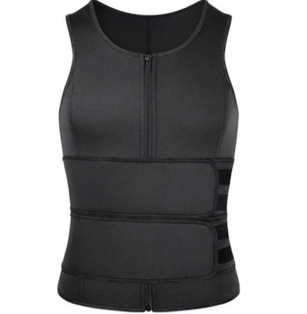 Vesta barbati, efect de sauna pentru slabit, cu fermoar, sustinere spate, negru, Marimea 3XL