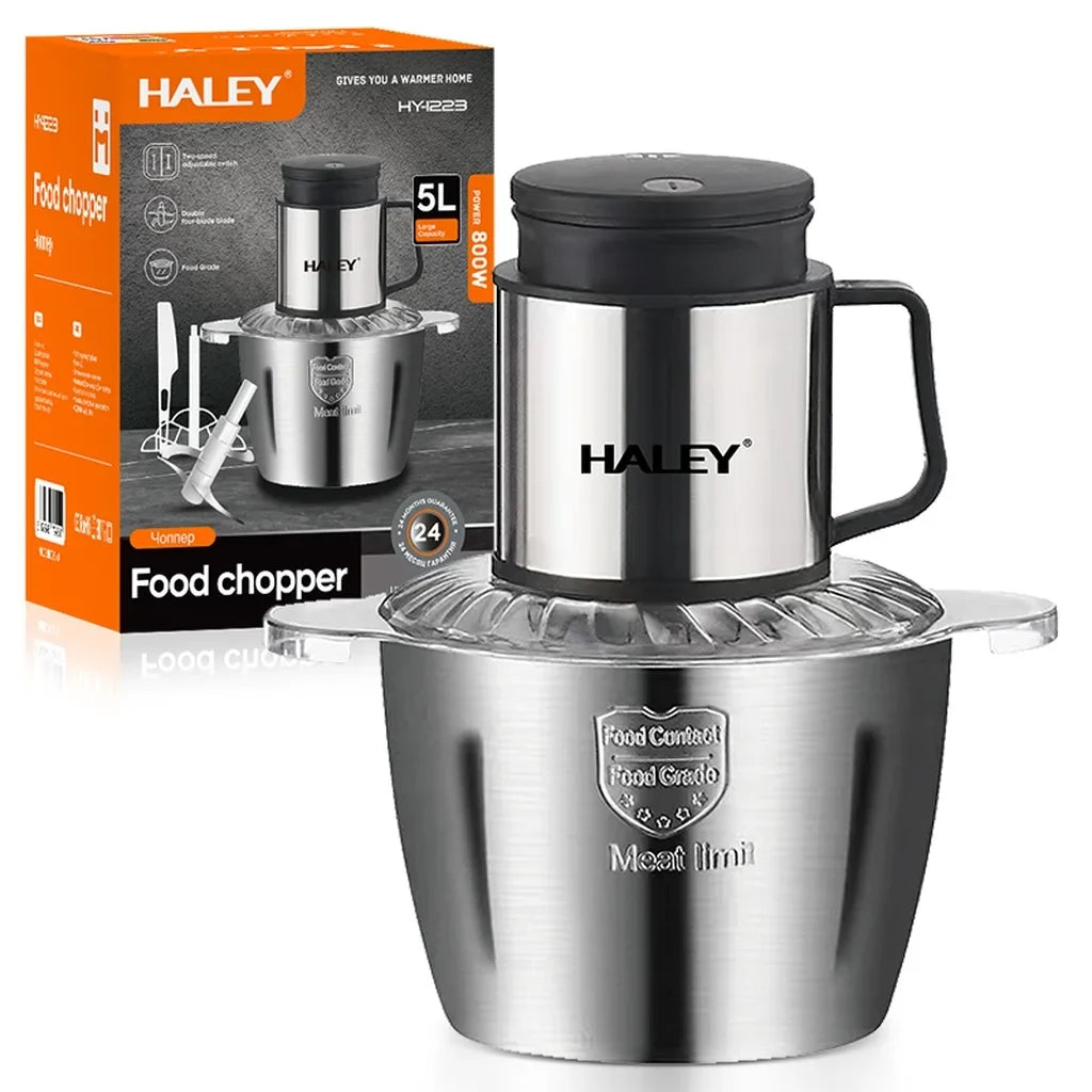 Tocător electric HALEY HY-1223, 800 W, bol inox 5 L, 6 lame din inox, 2 viteze