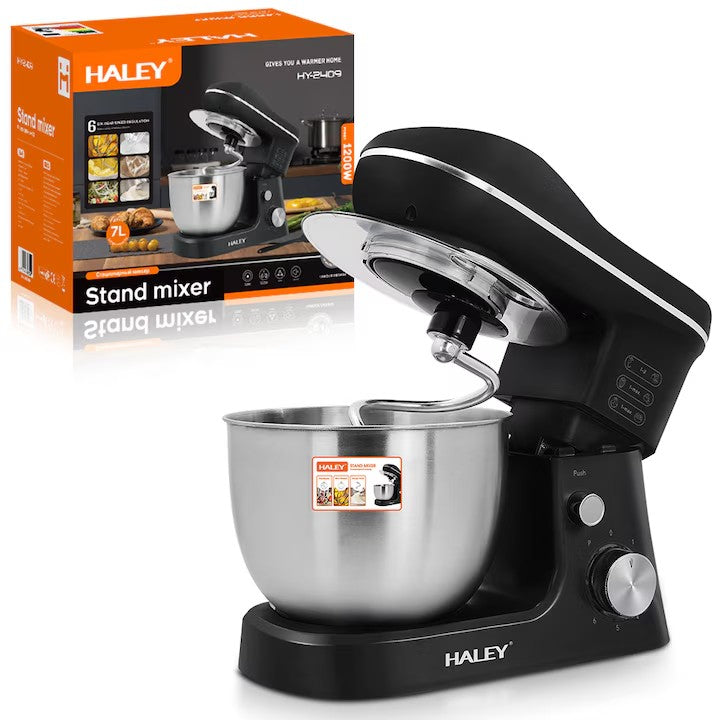 Mixer de bucătărie HALEY HY-2409, 1200 W, bol inox 7 L, 6 viteze, funcție pulse, negru cu inox