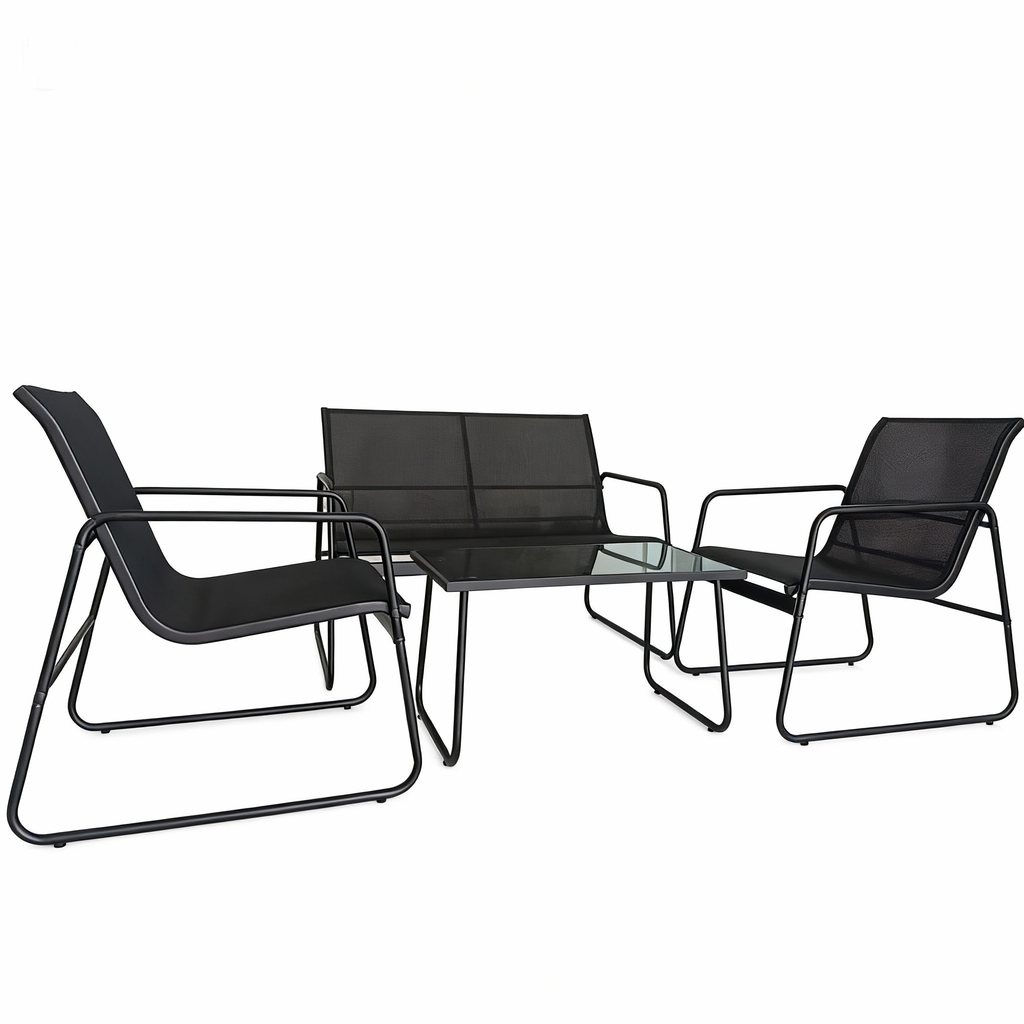 Set mobilier terasă AT Performance, 4 piese, canapea 2 locuri, 2 fotolii, măsuță cu blat sticlă, cadru metalic
