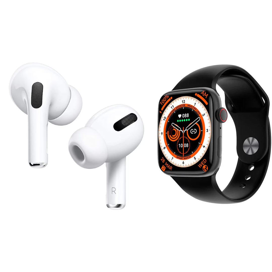 Pachet Smartwatch Ultra + Căști Wireless AT PERFORMANCE® – Ceas Inteligent cu Apeluri, Monitorizare Sănătate, 7 Curele, Husă și Încărcător Wireless