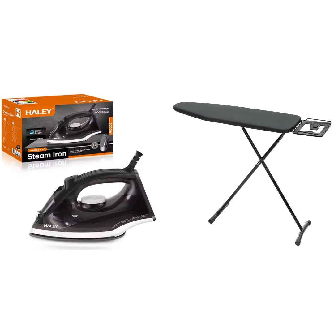 Set fier de călcat cu abur HALEY HY-2032, 1400 W, talpă ceramică, cu masă de călcat 143x39 cm, gri