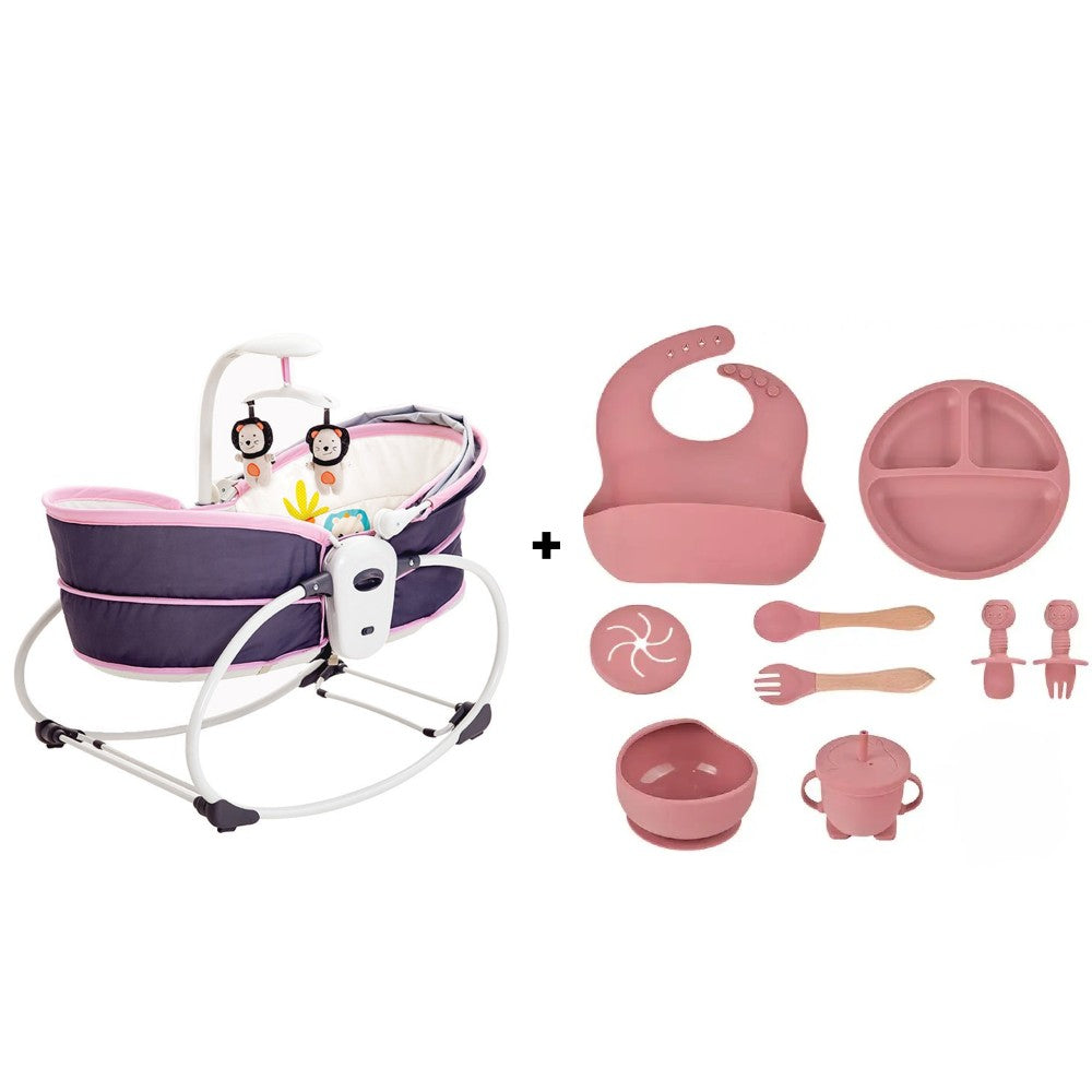 Balansoar electric pentru bebeluși Mastela 5 în 1, până la 15 kg, bluetooth cu telecomandă, set hrănire 10 piese, roz