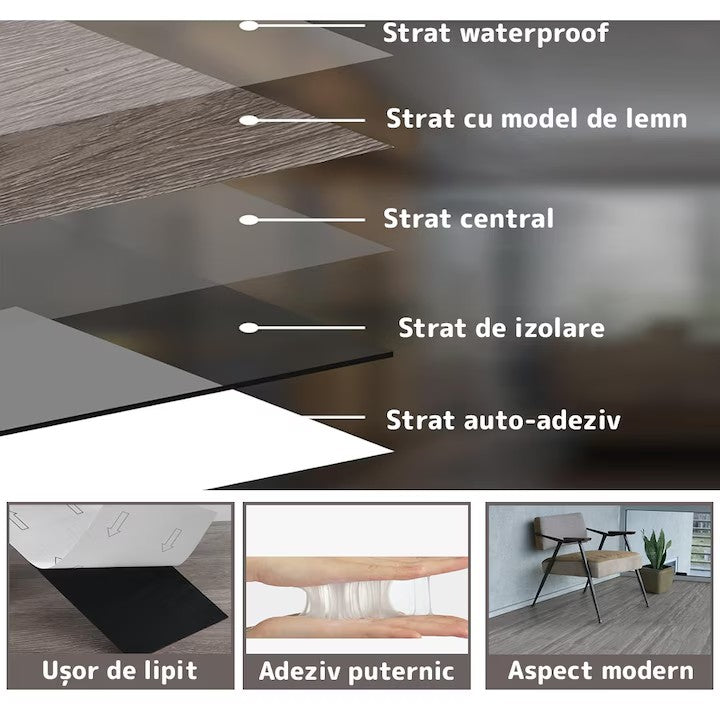 Placă pardoseală PVC autoadezivă AT Performance, set 36 bucăți, 914x152 mm, 5 mp, aspect lemn