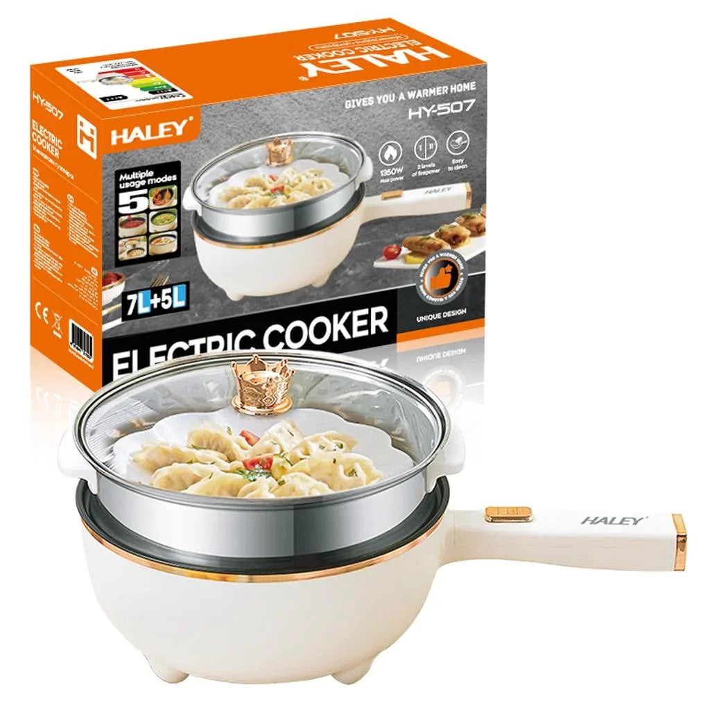 Oală electrică multifuncțională HALEY HY-507, 7 L + 5 L, 1350 W, compartiment abur inox, alb