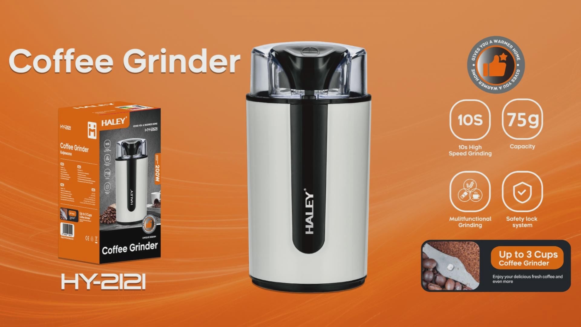 Râșniță electrică de cafea HALEY HY-212I, 200 W, 75 g, lame din oțel inoxidabil, până la 3 cești