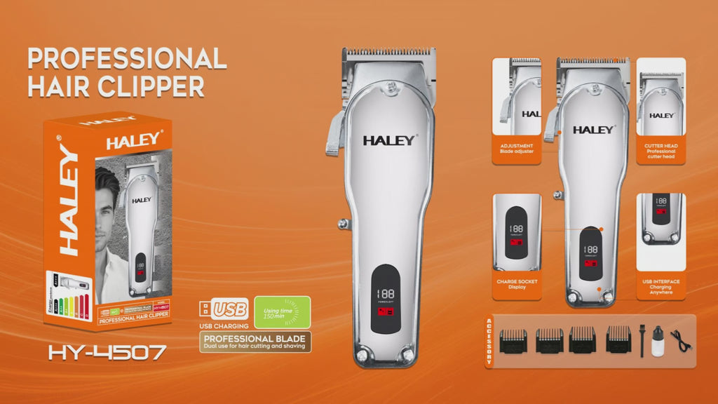 Mașină de tuns HALEY HY-4507, fără fir, afișaj LCD digital, baterie 1800 mAh, autonomie 150 min, lame inox