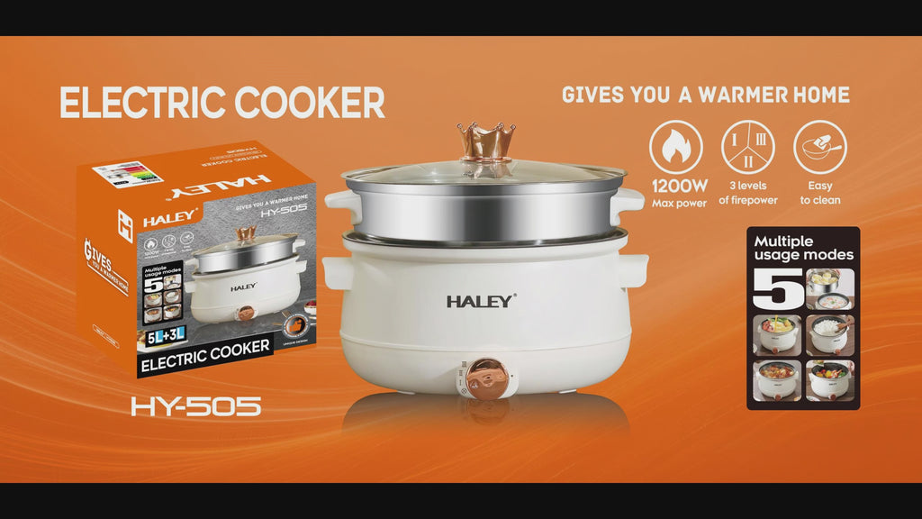 Oală electrică multifuncțională HALEY HY-505, 5 L + 3 L, 1200 W, gătire cu abur, 3 trepte de putere