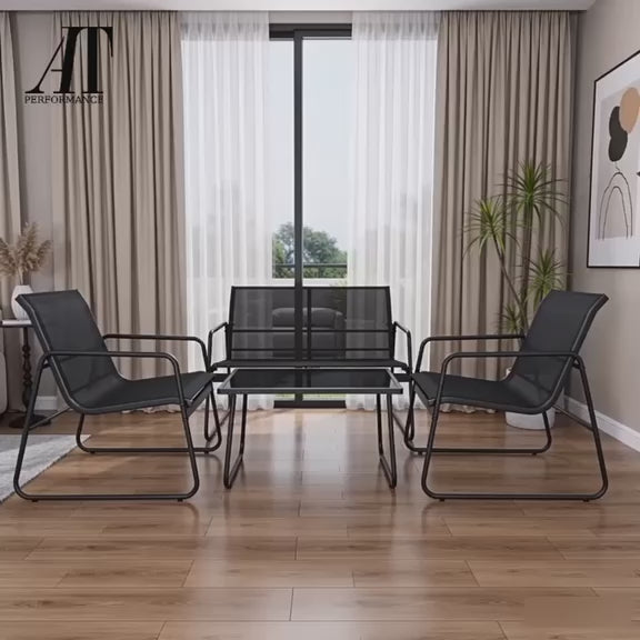 Set mobilier terasă AT Performance, 4 piese, canapea 2 locuri, 2 fotolii, măsuță cu blat sticlă, cadru metalic