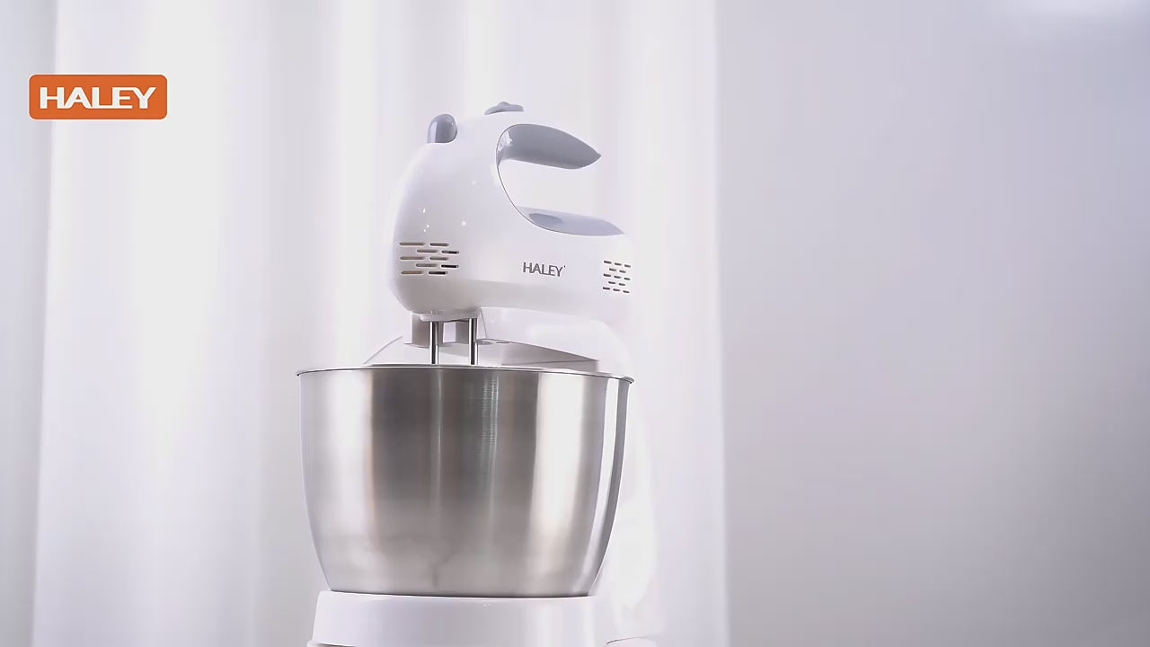 Mixer cu bol HALEY HY-1661, 500 W, bol inox 3 L, 5 trepte de viteză, sistem bowl-lift, alb cu inox