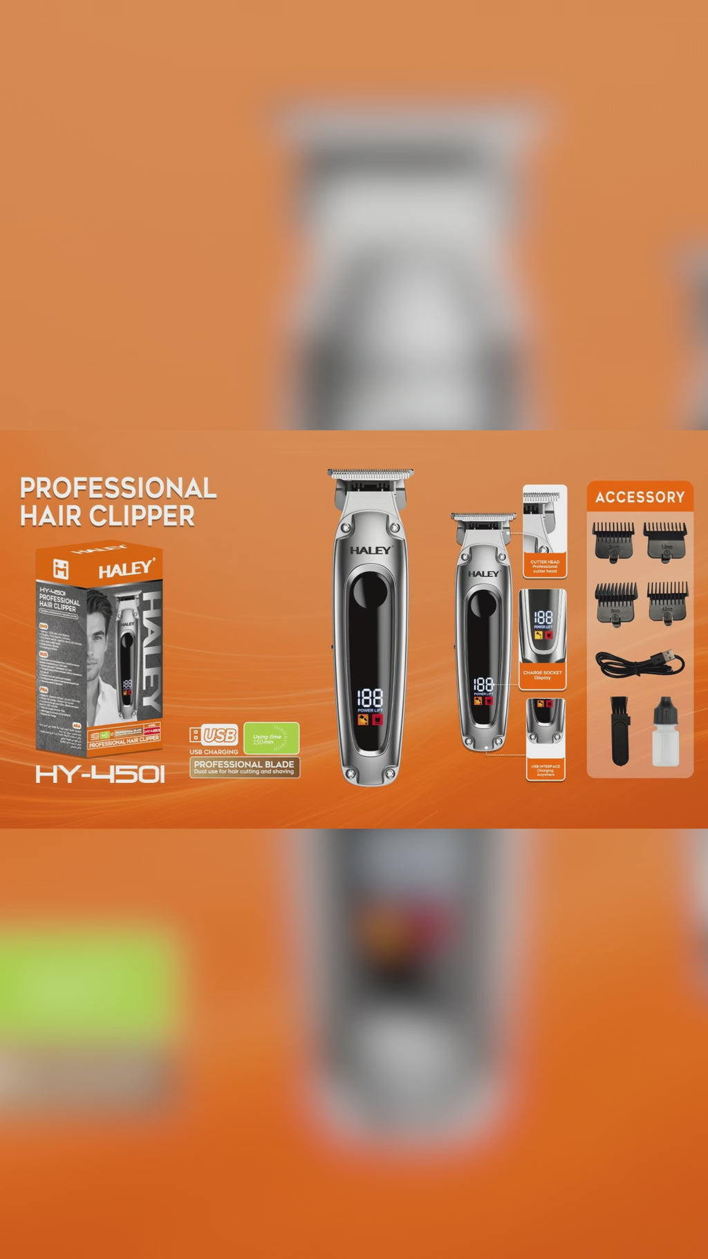 Mașină de tuns profesională HALEY HY-4501, afișaj LCD, baterie 1200 mAh, autonomie 150 min, încărcare USB