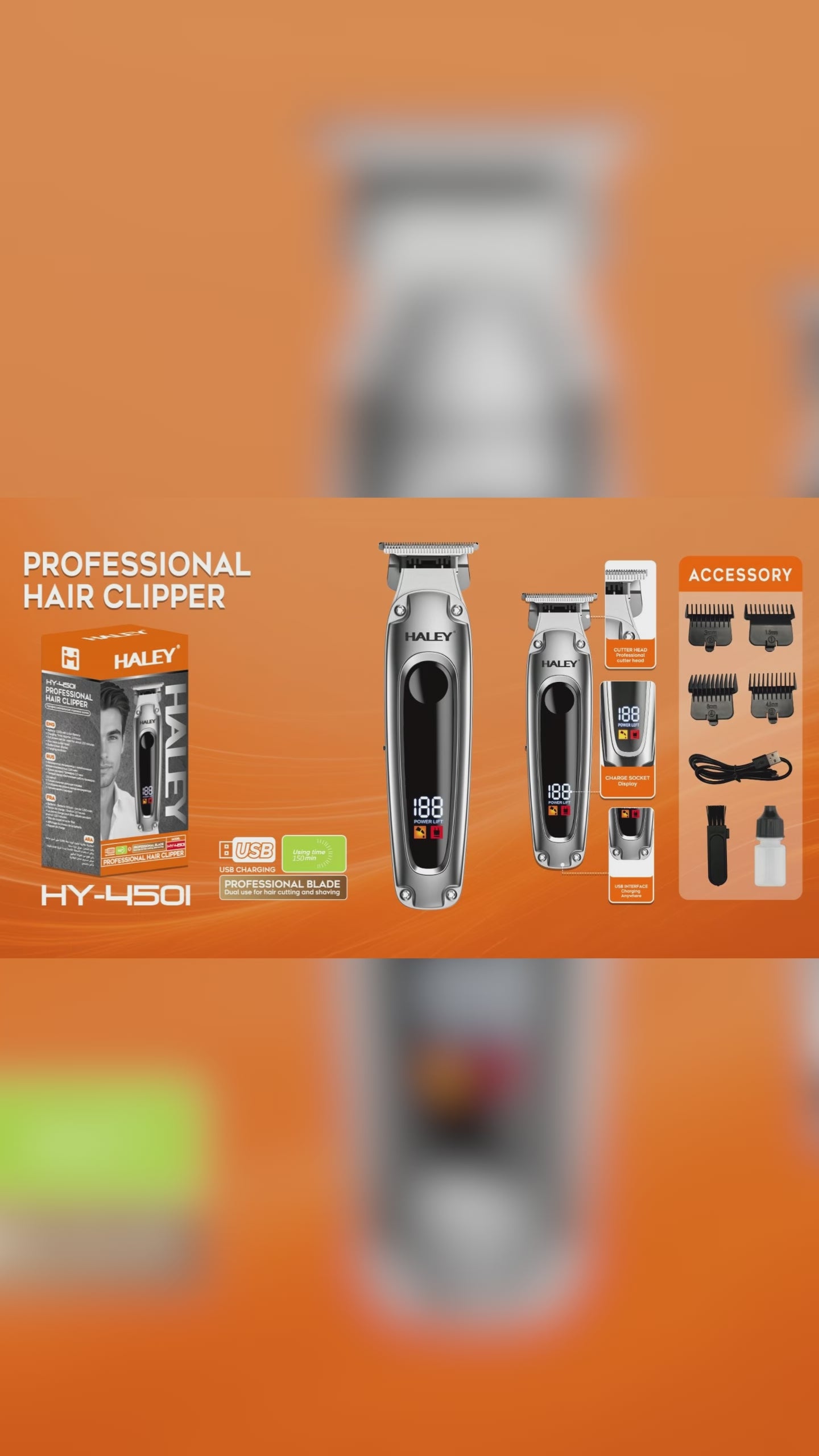 Mașină de tuns profesională HALEY HY-4501, afișaj LCD, baterie 1200 mAh, autonomie 150 min, încărcare USB