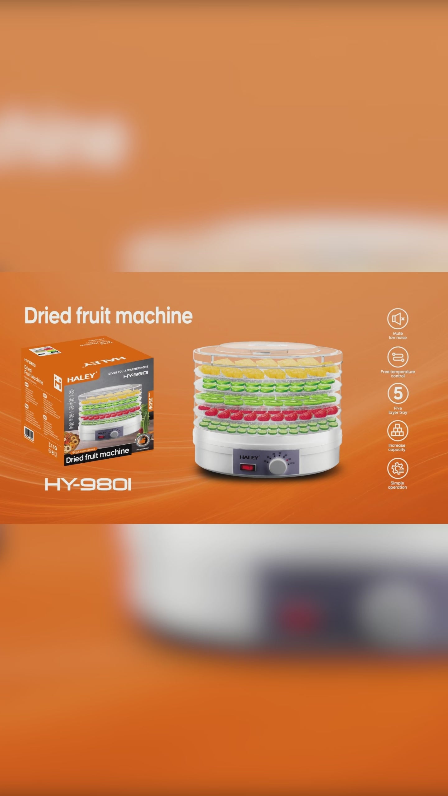 Deshidrator de fructe și legume HALEY HY-980I, 350 W, 5 tăvi, termostat 35-70°C