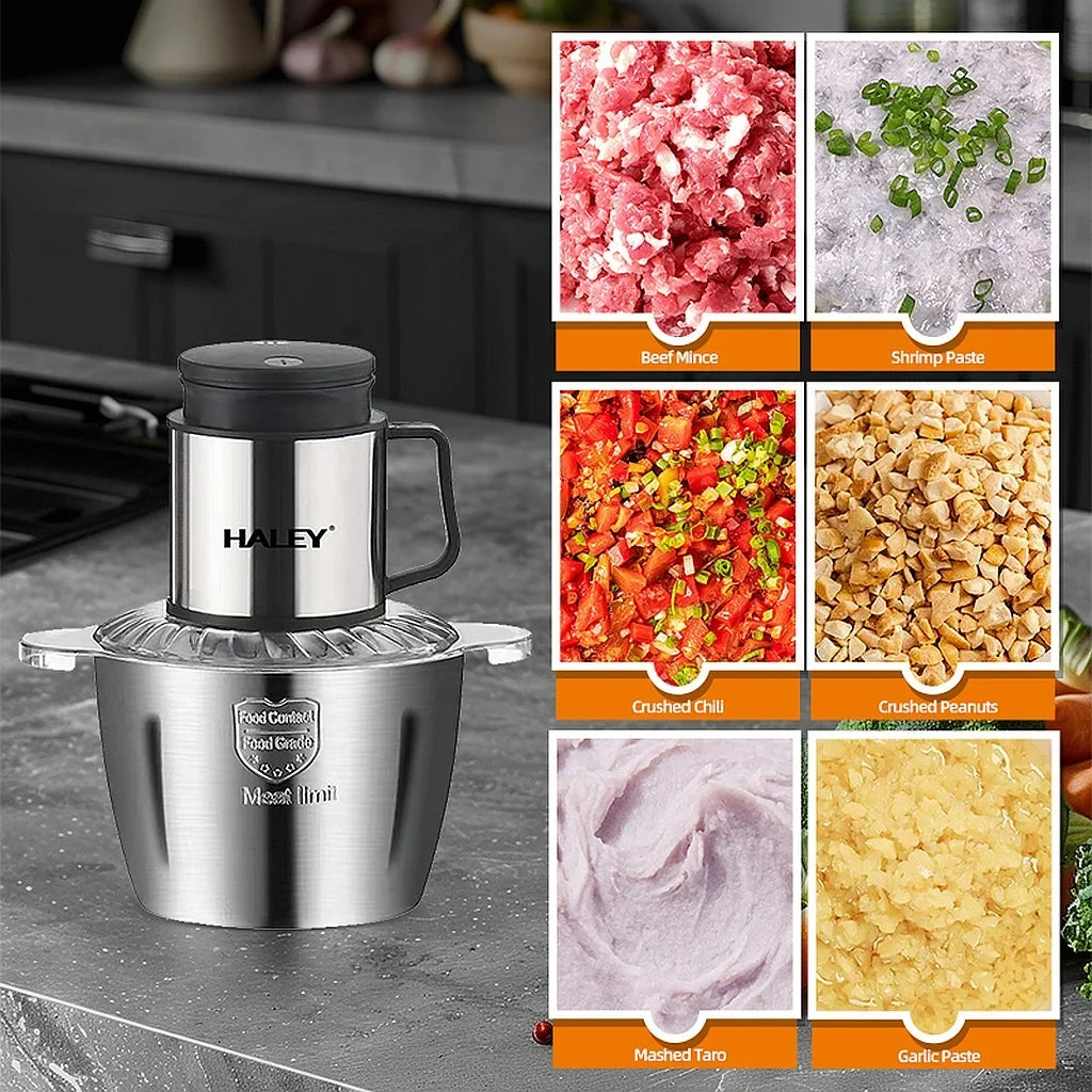 Tocător electric HALEY HY-1223, 800 W, bol inox 5 L, 6 lame din inox, 2 viteze