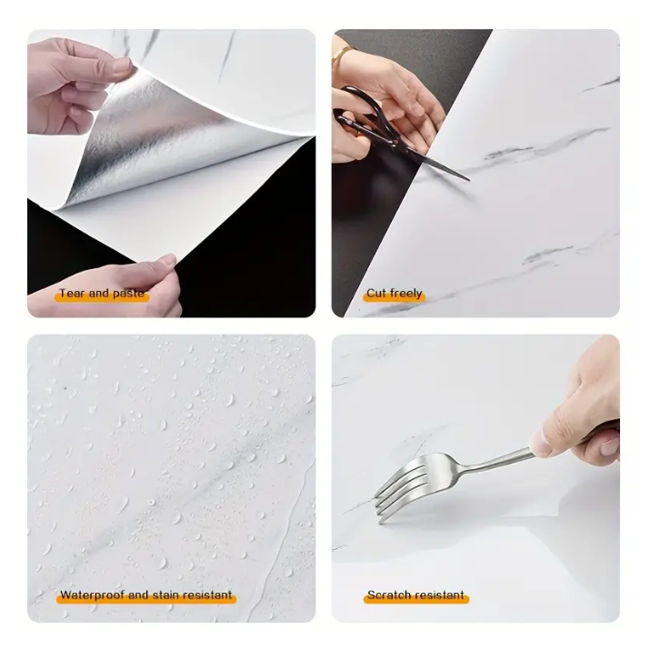 Set 10x Tapet Marmura, AT PERFORMANCE®, suprafata acoperire 1.8 mp, autoadeziv, waterproof, usor de montat, design modern, 30x60 cm, alb linii