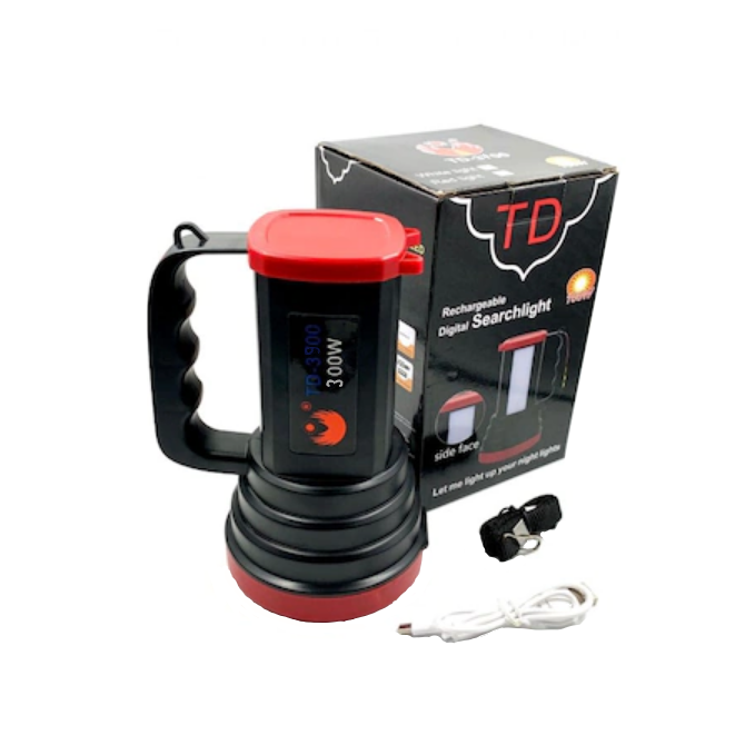Lanternă LED Tusy Store TD-3900, 300 W, 3 trepte de intensitate, acumulator integrat, negru/roșu