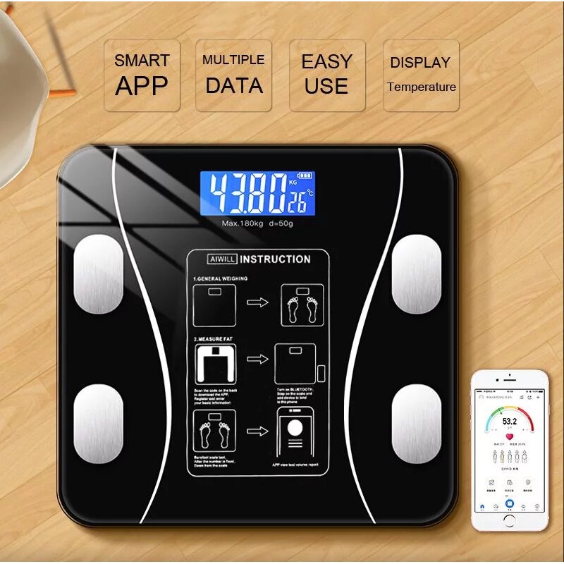 Cântar corporal smart AT Performance, 180 kg, Bluetooth 4.0, analiză BIA, sticlă securizată, 26x26 cm