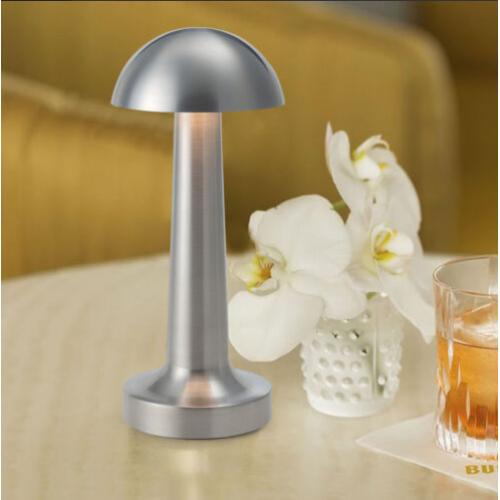 Lampă de birou tip ciupercă AT Performance, portabilă, 22 cm, metal și acril, control tactil, argintiu