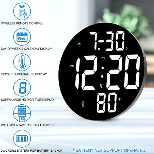 Ceas LED de perete și birou Tusy Store, 9 inch, 2 alarme cu snooze, termometru, telecomandă, negru