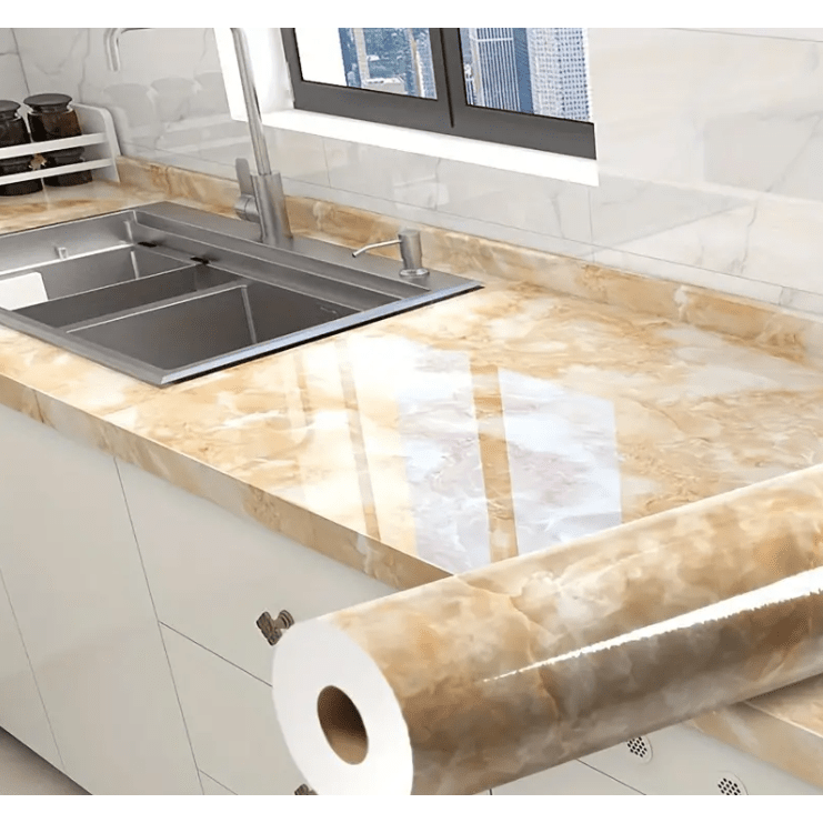 Rola tapet modern, imitatie de marmura At Performance rezistent, la apa, vinil, compact, autoadeziv, 60cmx 300 cm, portocaliu cristal