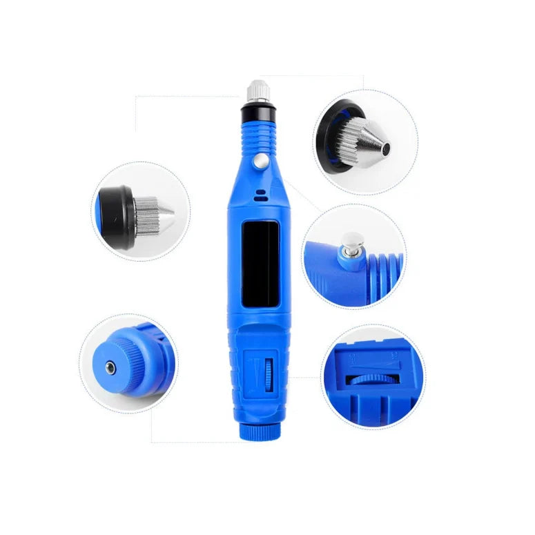 Freză electrică pentru unghii Tusy Store, 9 W, 3.000-20.000 RPM, 6 capete și 6 inele abrazive, albastru