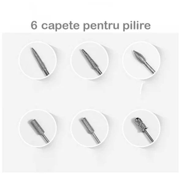 Freză electrică pentru unghii Tusy Store, 9 W, 3.000-20.000 RPM, 6 capete incluse, alb