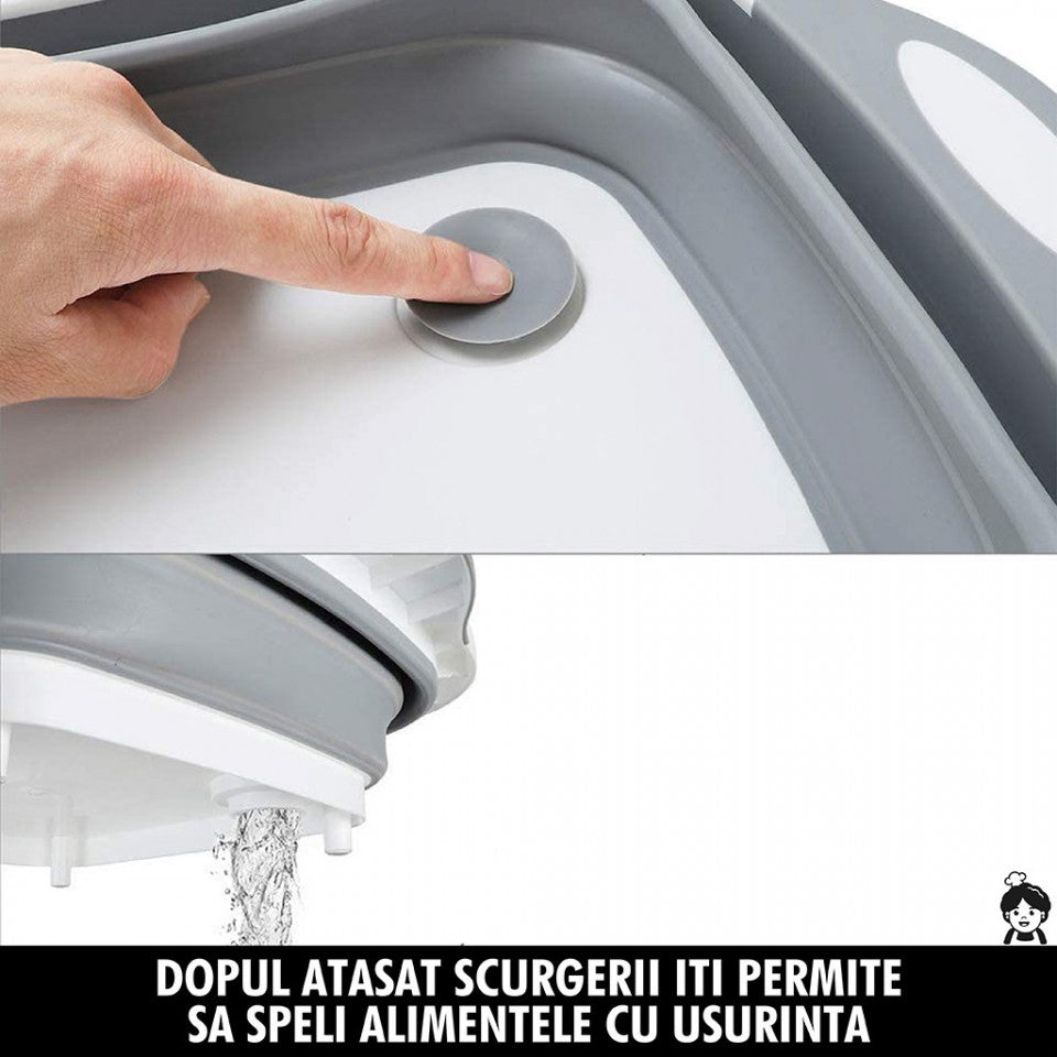 Tocător pliabil 3 în 1 Tusy Store, 40 x 30 x 3 cm, coș de depozitare și vas de spălare, alb cu gri