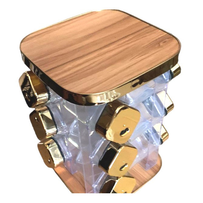 Set 12 recipiente condimente cu suport, At Performance, Rotativ, recipiente din sticla, Auriu/lemn