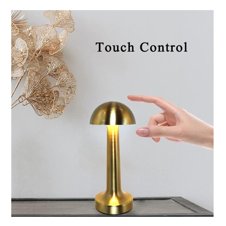 Lampă de birou tip ciupercă AT Performance, portabilă, 22 cm, metal și acril, control tactil, auriu
