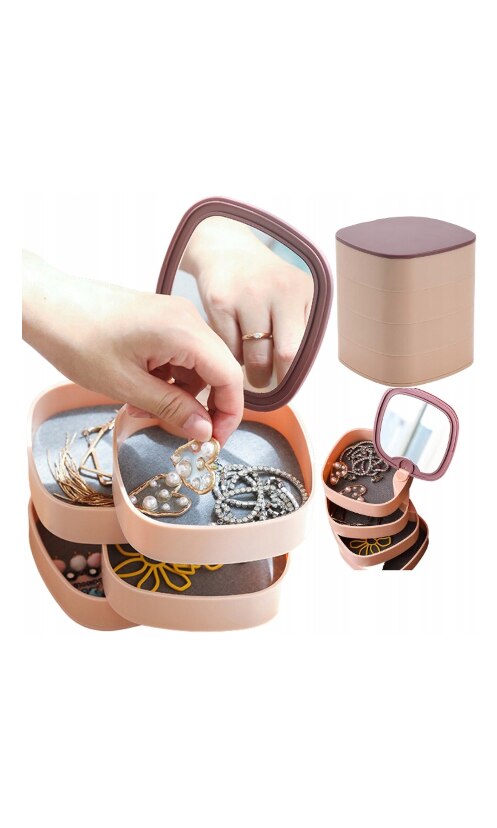 Organizator pentru bijuterii cu oglindă AT Performance, plastic, diametru 12,5 cm, înălțime 12 cm, roz