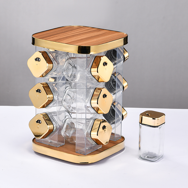 Set 12 recipiente condimente cu suport, At Performance, Rotativ, recipiente din sticla, Auriu/lemn