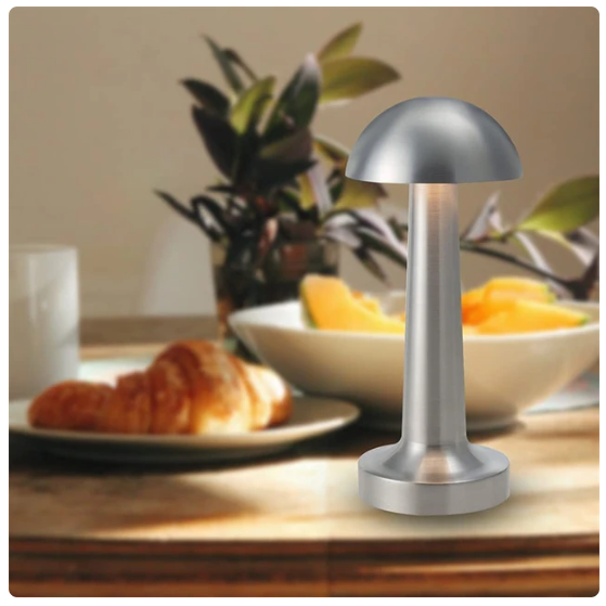 Lampă de birou tip ciupercă AT Performance, portabilă, 22 cm, metal și acril, control tactil, argintiu