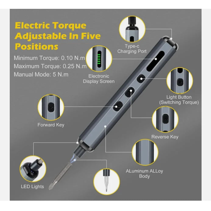 Șurubelniță electrică de precizie AT Performance, 64 biți magnetici crom vanadiu, fără fir, mâner din aluminiu
