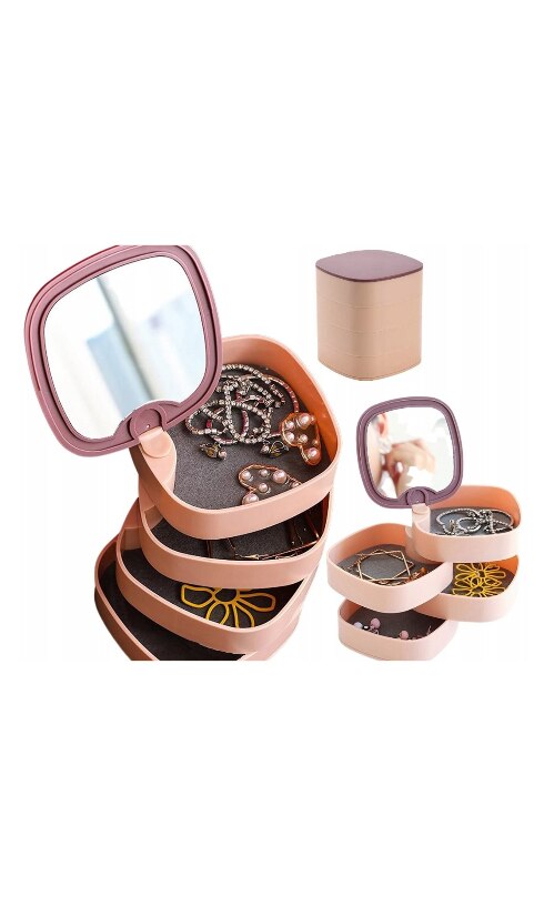 Organizator pentru bijuterii cu oglindă AT Performance, plastic, diametru 12,5 cm, înălțime 12 cm, roz