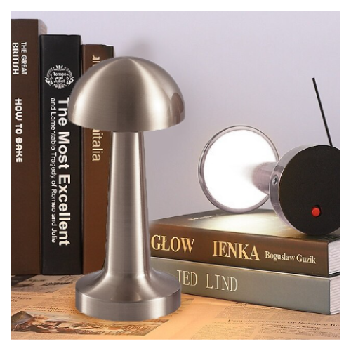Lampă de birou tip ciupercă AT Performance, portabilă, 22 cm, metal și acril, control tactil, argintiu