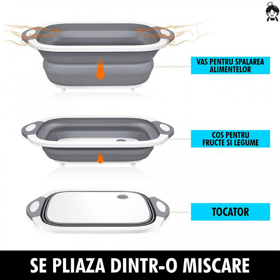 Tocător pliabil 3 în 1 Tusy Store, 40 x 30 x 3 cm, coș de depozitare și vas de spălare, alb cu gri