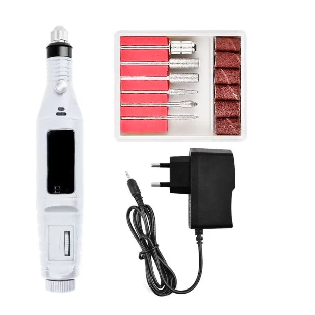 Freză electrică pentru unghii Tusy Store, 9 W, 3.000-20.000 RPM, 6 capete incluse, alb