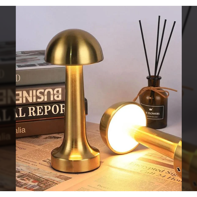 Lampă de birou tip ciupercă AT Performance, portabilă, 22 cm, metal și acril, control tactil, auriu