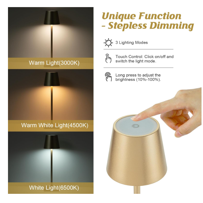 Lampă de masă LED AT Performance, reîncărcabilă, 38 x 10 cm, 3 temperaturi de culoare, auriu