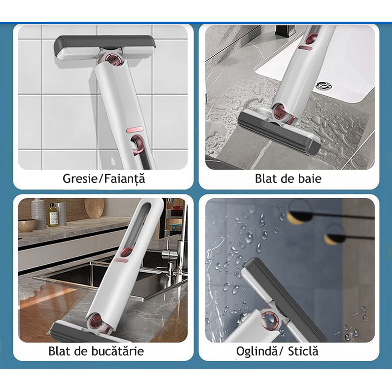Mini Mop Portabil, At Performance, cu stoarcere automata, Burete de inalta calitate, Spalare umeda sau uscata, Potrivit pentru Geamuri, Blaturi, Bucatari, Bai, 2 bureti inclusi, Alb
