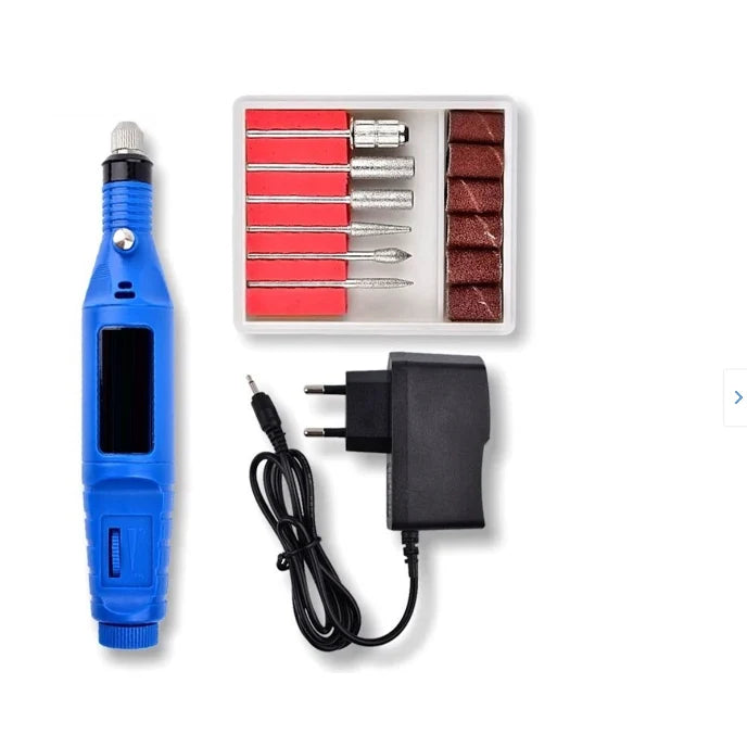 Freză electrică pentru unghii Tusy Store, 9 W, 3.000-20.000 RPM, 6 capete și 6 inele abrazive, albastru