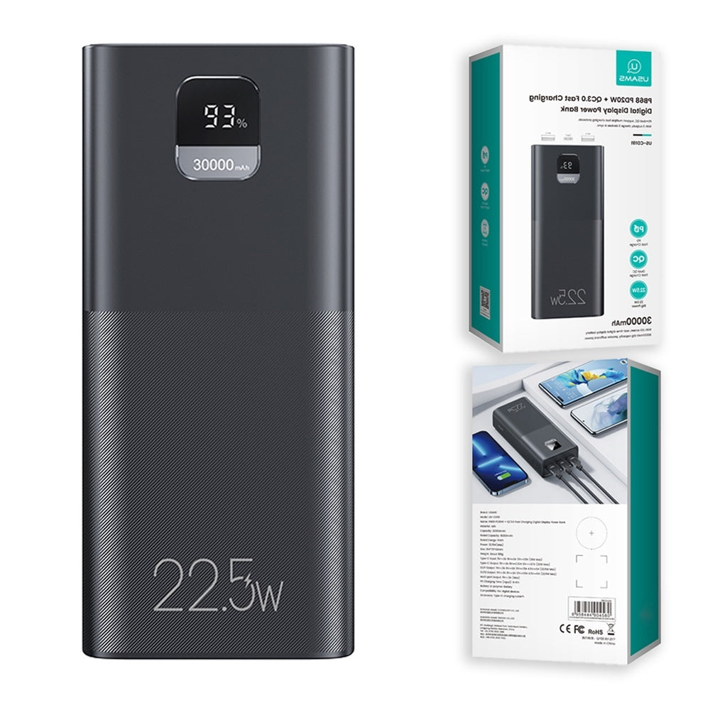 Baterie externă USAMS, 30000 mAh, 22.5W fast charge, display LED digital, ieșiri multiple USB, negru
