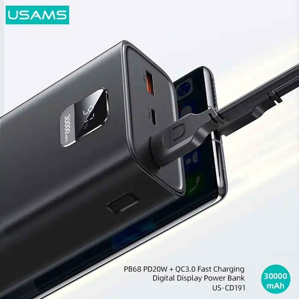 Baterie externă USAMS, 30000 mAh, 22.5W fast charge, display LED digital, ieșiri multiple USB, negru