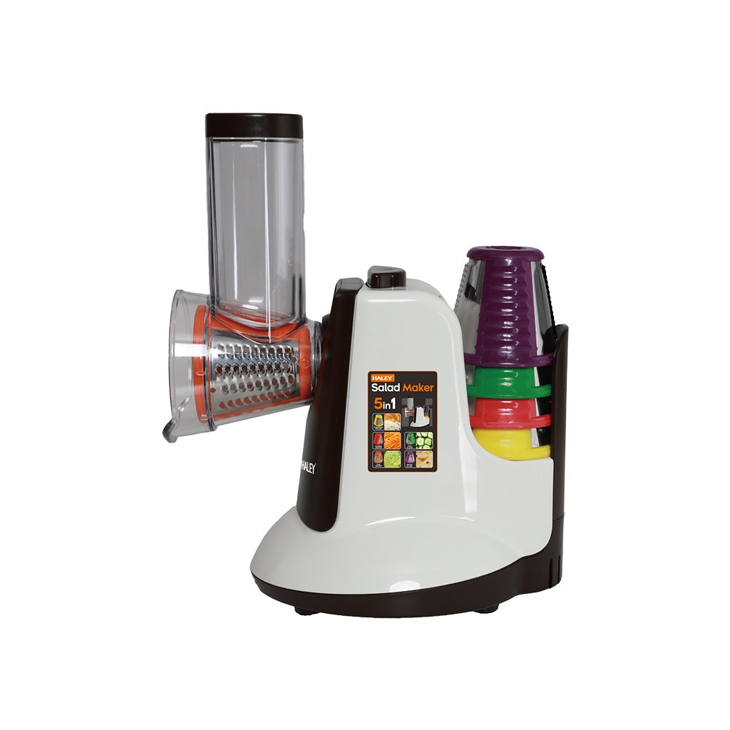 Aparat de salată electric HALEY HY-1327, 5 în 1, 600 W, 5 tamburi interschimbabili, lame inox