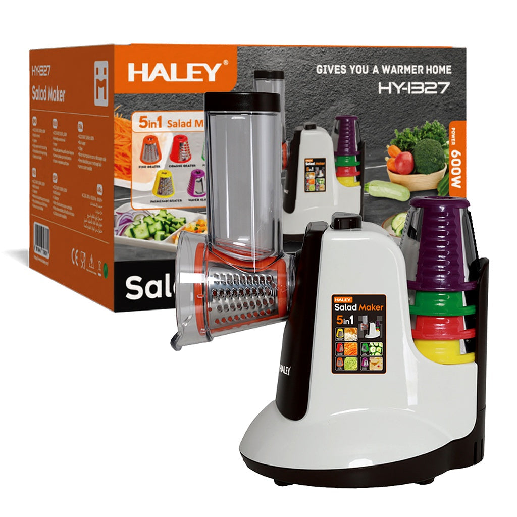 Aparat de salată electric HALEY HY-1327, 5 în 1, 600 W, 5 tamburi interschimbabili, lame inox