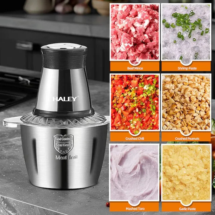 Tocător electric universal HALEY HY-1221, 1000 W, bol inox 3 L, 4 lame din oțel inoxidabil