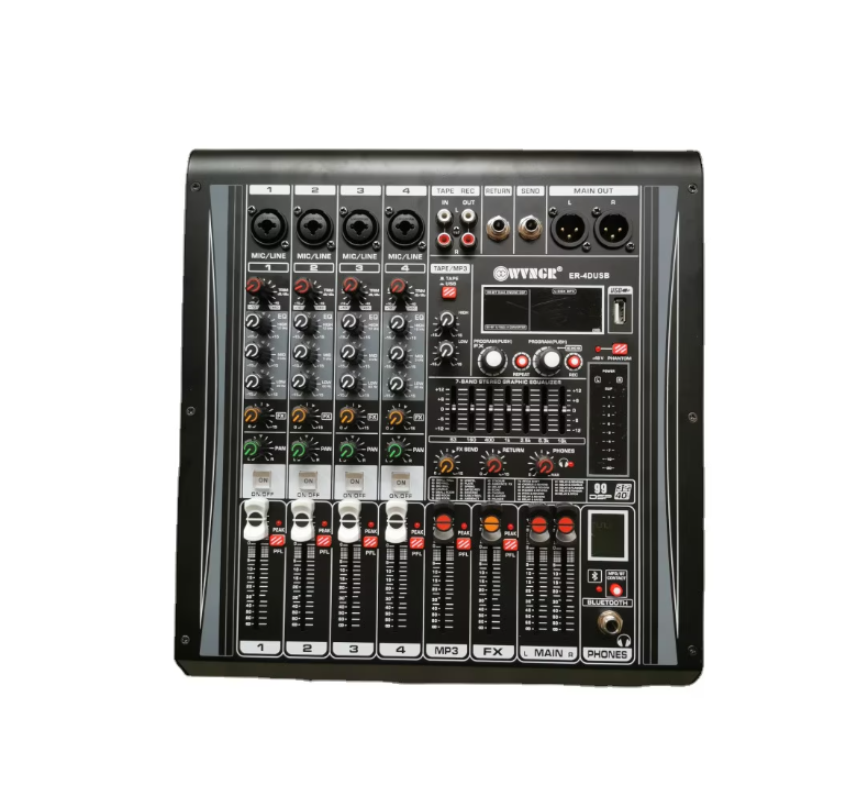 Mixer audio analog Tusy Store ER-4D, 2x100 W, 4 canale stereo, Bluetooth, USB, card SD