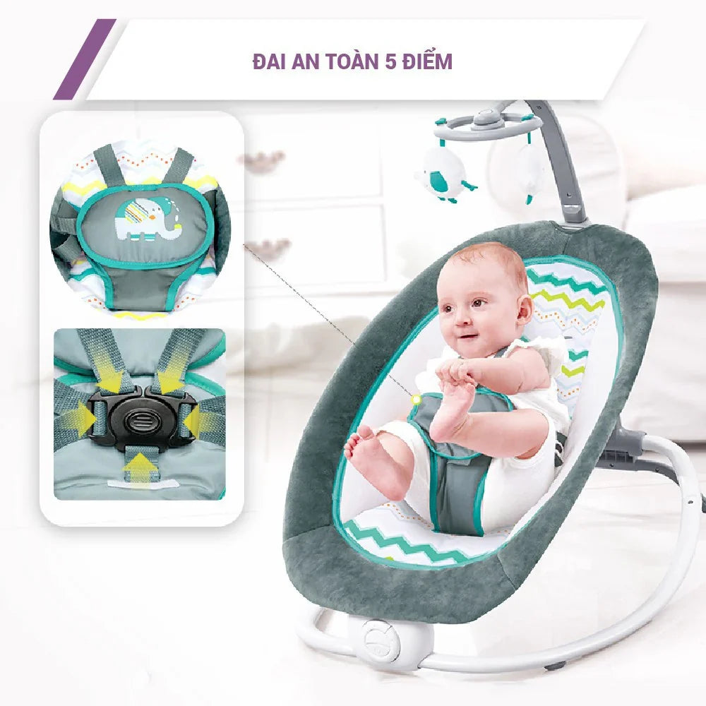 Balansoar bebeluși Mastela cu vibrații, 7 melodii, spătar 4 poziții, ham 5 puncte, 0-9 kg, gri-albastru